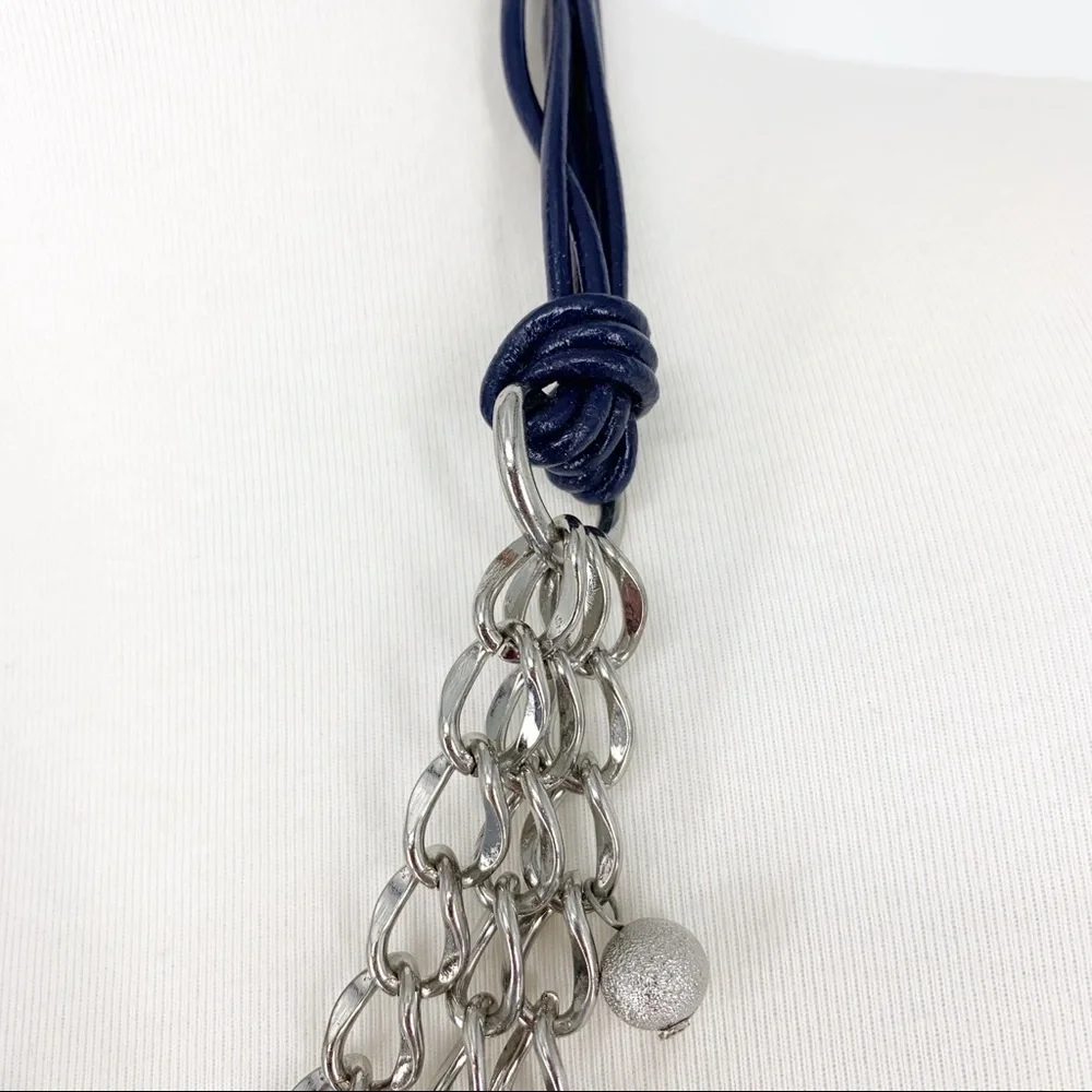 VT Luxe Blue Leather Silver Chain Multi Strand Necklace Teal‎ Crystal Statement